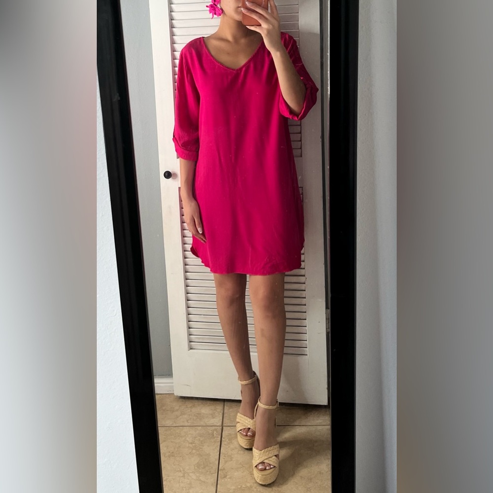 Hot Pink lightweight Tunic cover up Mini Dress S | resortwear tropical vacation - Picture 5 of 13